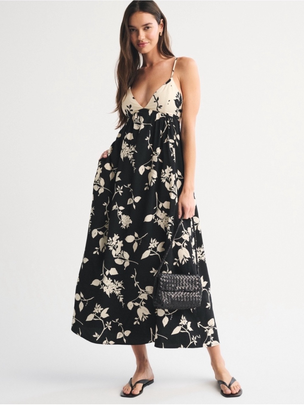 Floral V-Neck Maxi Dress in Black and Cream